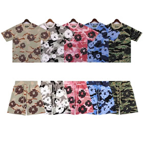 DENIM TEARS Kapok Camouflage Foam Print Loose Short-sleeved T-shirt Shorts Set-2822  